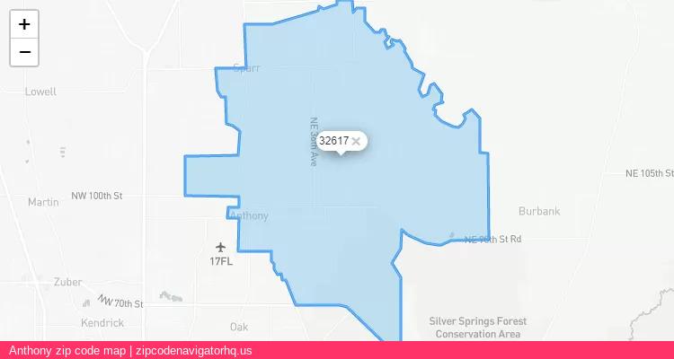Anthony City is a small town located Florida, in the South region of the United States, and its official zip code is 32617. Anthony city more data from ValidUsapostalcodes | ValidUsapostalcodes