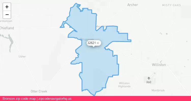 Bronson City is a small town located Florida, in the South region of the United States, and its official zip code is 32621. Bronson city more data from ValidUsapostalcodes | ValidUsapostalcodes