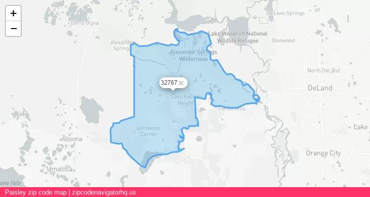 Paisley City is a small town located Florida, in the South region of the United States, and its official zip code is 32767. Paisley city more data from ValidUsapostalcodes | ValidUsapostalcodes