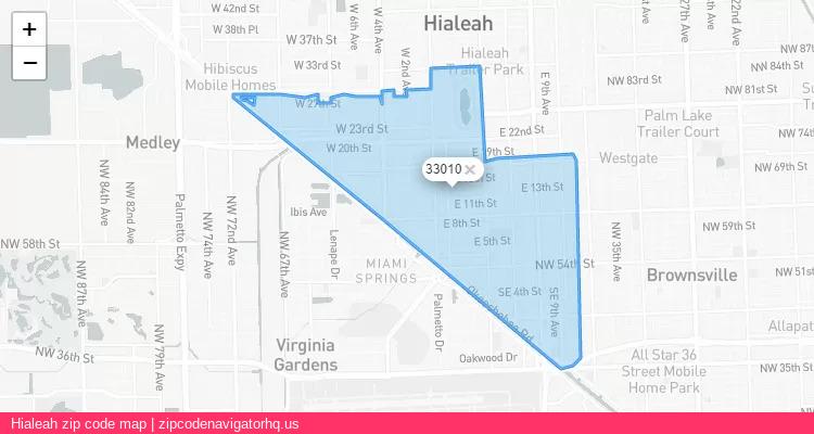 Hialeah City is a small town located Florida, in the South region of the United States, and its official zip code is 33010. Hialeah city more data from ValidUsapostalcodes | ValidUsapostalcodes
