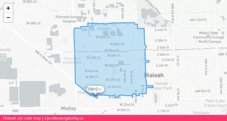 Hialeah City is a small town located Florida, in the South region of the United States, and its official zip code is 33012. Hialeah city more data from ValidUsapostalcodes | ValidUsapostalcodes
