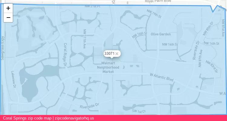 Coral Springs City is a small town located Florida, in the South region of the United States, and its official zip code is 33071. Coral Springs city more data from ValidUsapostalcodes | ValidUsapostalcodes
