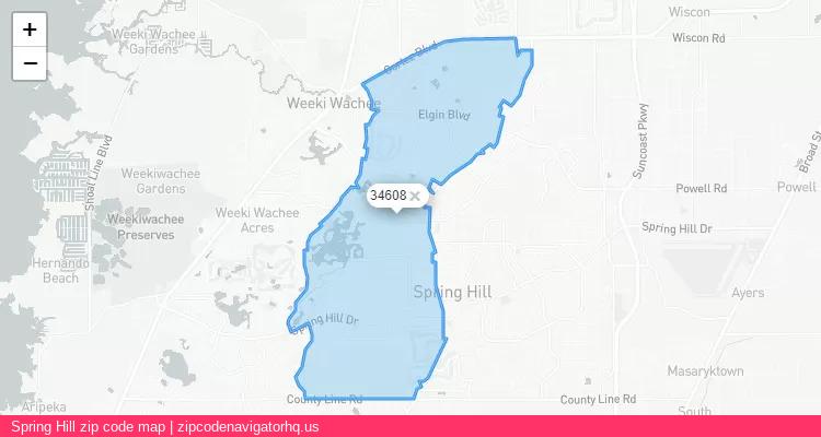 Spring Hill City is a small town located Florida, in the South region of the United States, and its official zip code is 34608. Spring Hill city more data from ValidUsapostalcodes | ValidUsapostalcodes