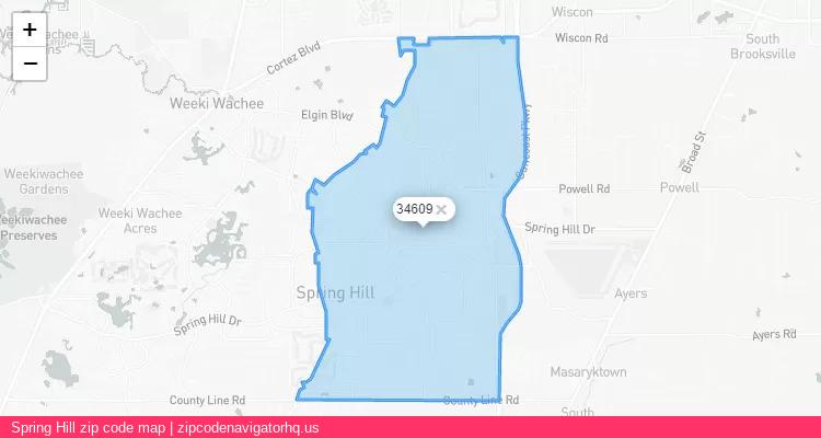 Spring Hill City is a small town located Florida, in the South region of the United States, and its official zip code is 34609. Spring Hill city more data from ValidUsapostalcodes | ValidUsapostalcodes