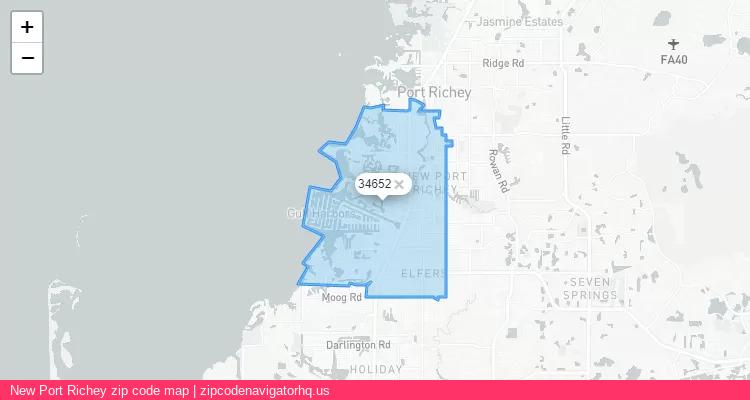 New Port Richey City is a small town located Florida, in the South region of the United States, and its official zip code is 34652. New Port Richey city more data from ValidUsapostalcodes | ValidUsapostalcodes