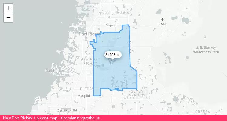 New Port Richey City is a small town located Florida, in the South region of the United States, and its official zip code is 34653. New Port Richey city more data from ValidUsapostalcodes | ValidUsapostalcodes